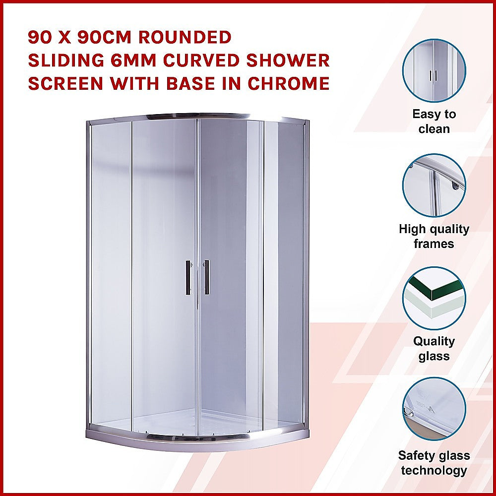 90 x 90cm Rounded Sliding 6mm Curved Shower Screen with Base in Chrome