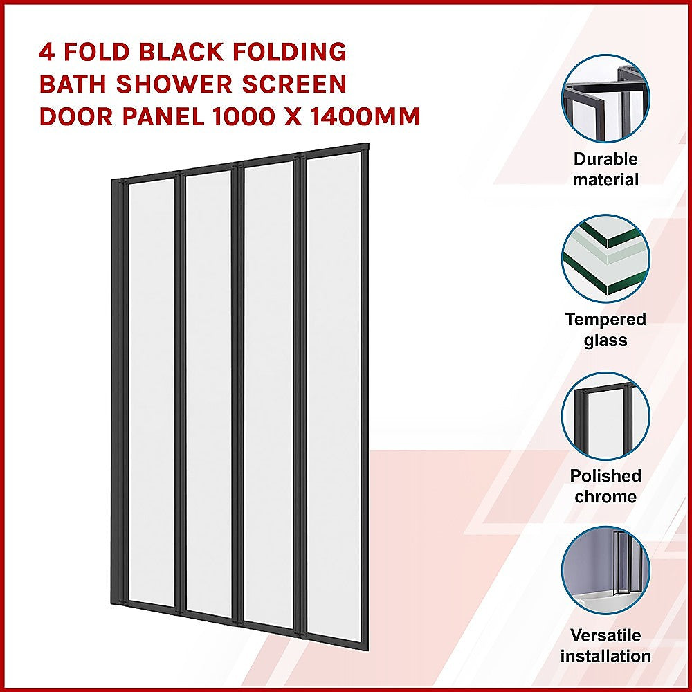 4 Fold Black Folding Bath Shower Screen Door Panel 1000 x 1400mm