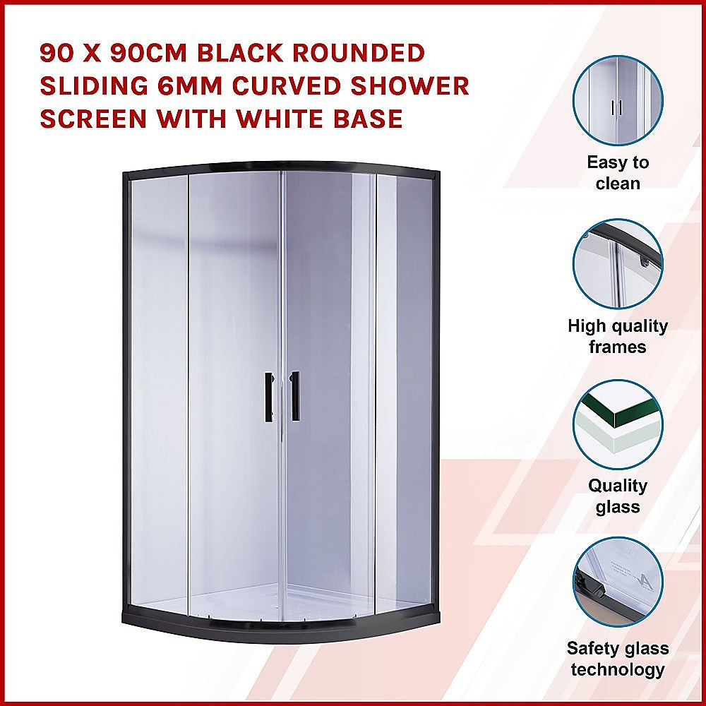 90 x 90cm Black Rounded Sliding 6mm Curved Shower Screen with White Base