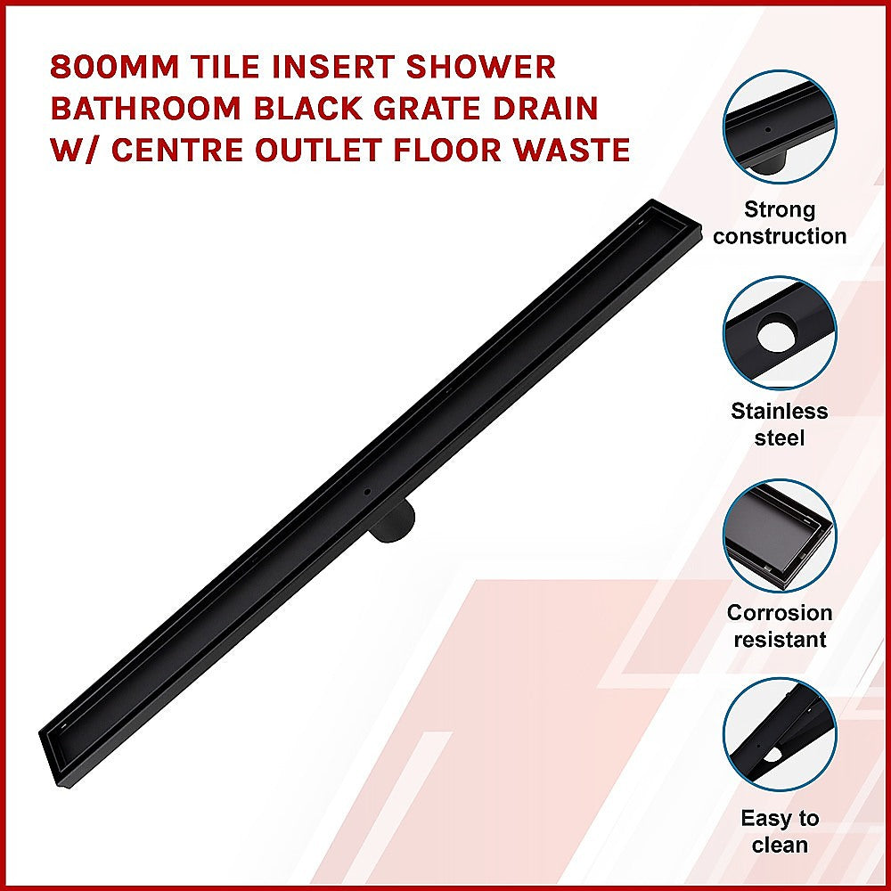 800mm Tile Insert Shower Bathroom Black Grate Drain w/Centre outlet Floor Waste