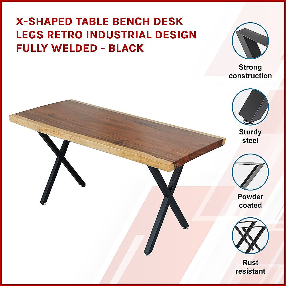 X-Shaped Table Bench Desk Legs Retro Industrial Design Fully Welded - Black