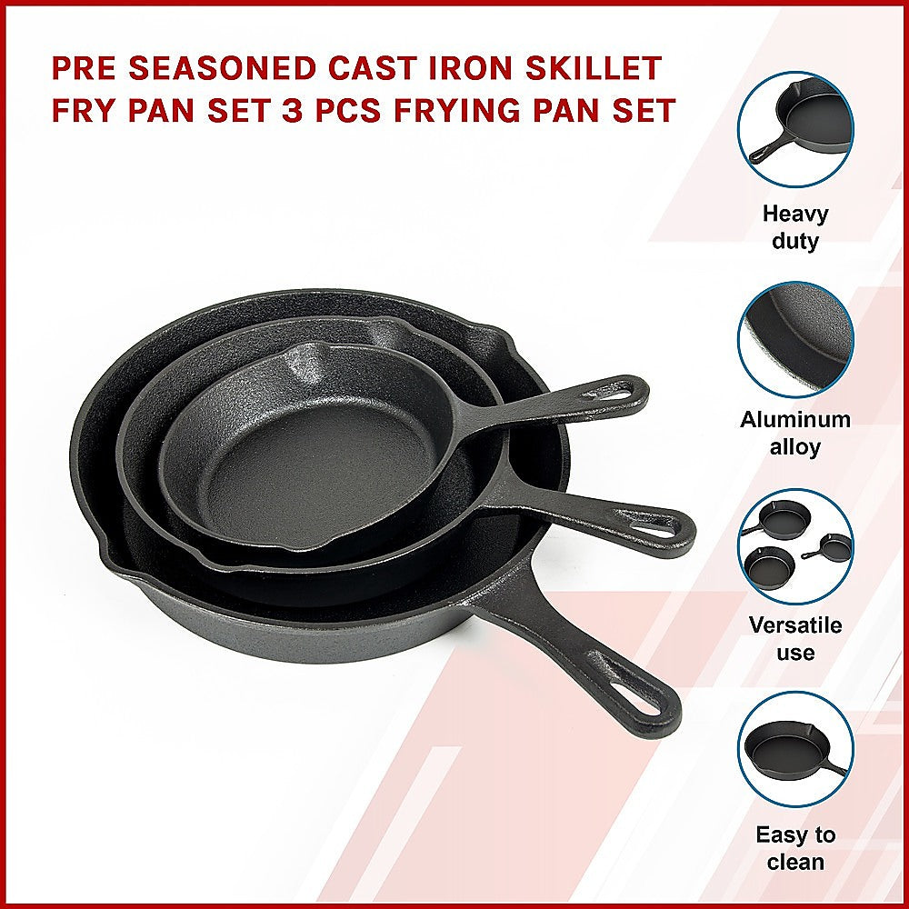 Pre Seasoned Cast Iron Skillet Fry Pan Set 3 Pcs Frying Pan Set