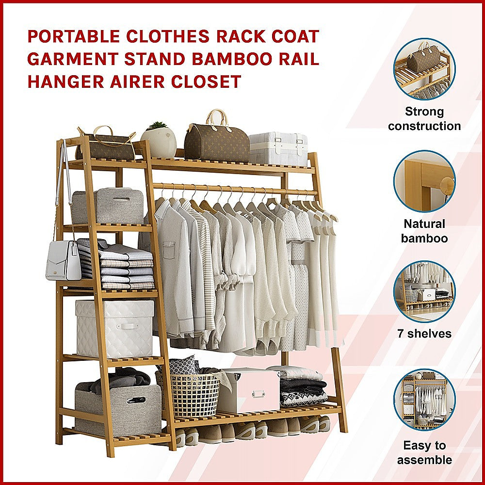 Portable Clothes Rack Coat Garment Stand Bamboo Rail Hanger Airer Closet