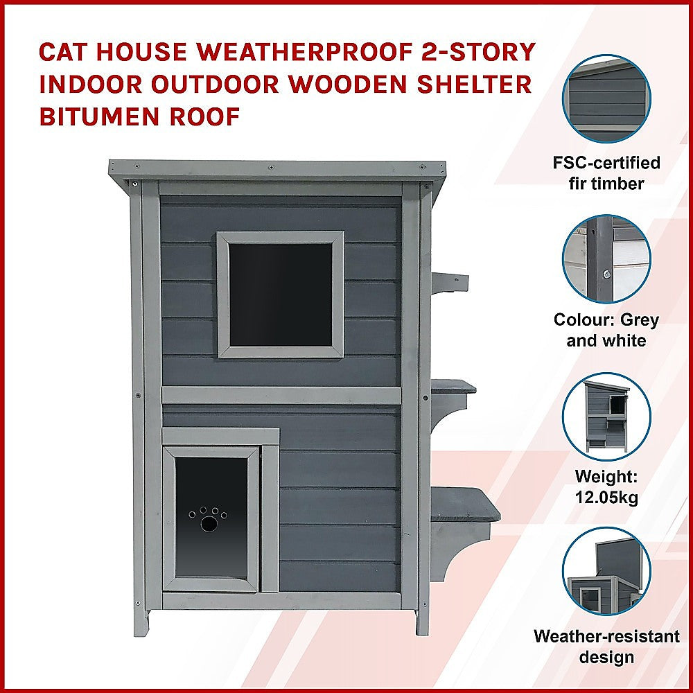 Cat House Weatherproof 2-Story Indoor Outdoor Wooden Shelter Bitumen Roof