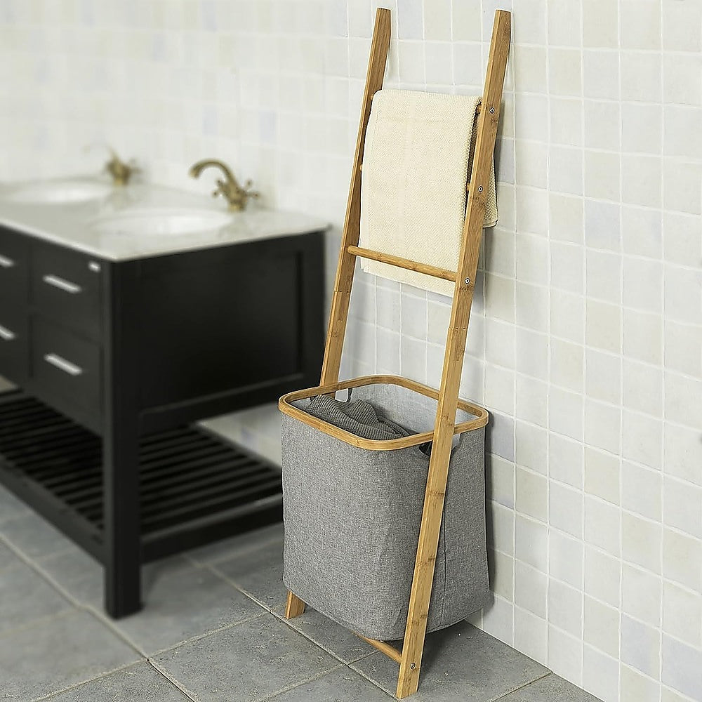 Wall Leaning Ladder Shelf with Laundry Basket Clothes Hamper Bath Towel Rack in Grey