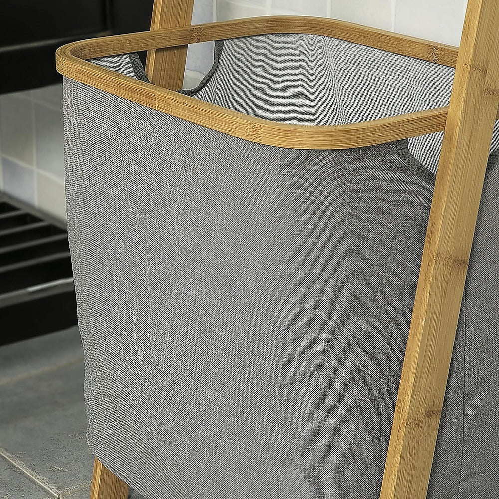 Wall Leaning Ladder Shelf with Laundry Basket Clothes Hamper Bath Towel Rack in Grey