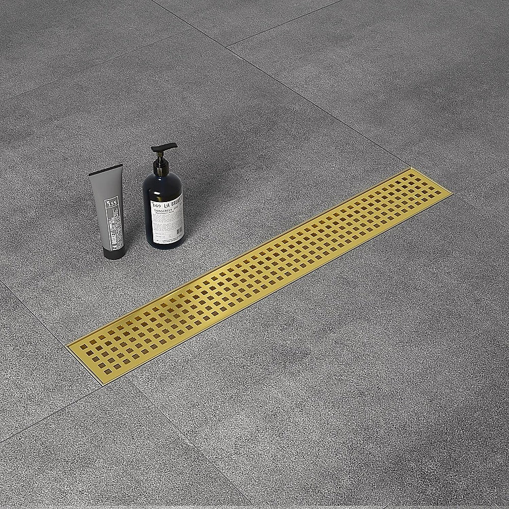 900mm Bathroom Shower Brushed Brass Grate Drain w/ Centre outlet Floor Waste Square Pattern