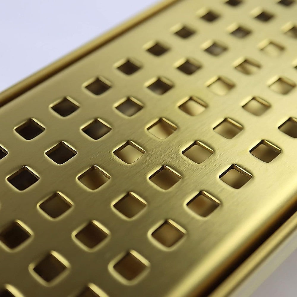 900mm Bathroom Shower Brushed Brass Grate Drain w/ Centre outlet Floor Waste Square Pattern