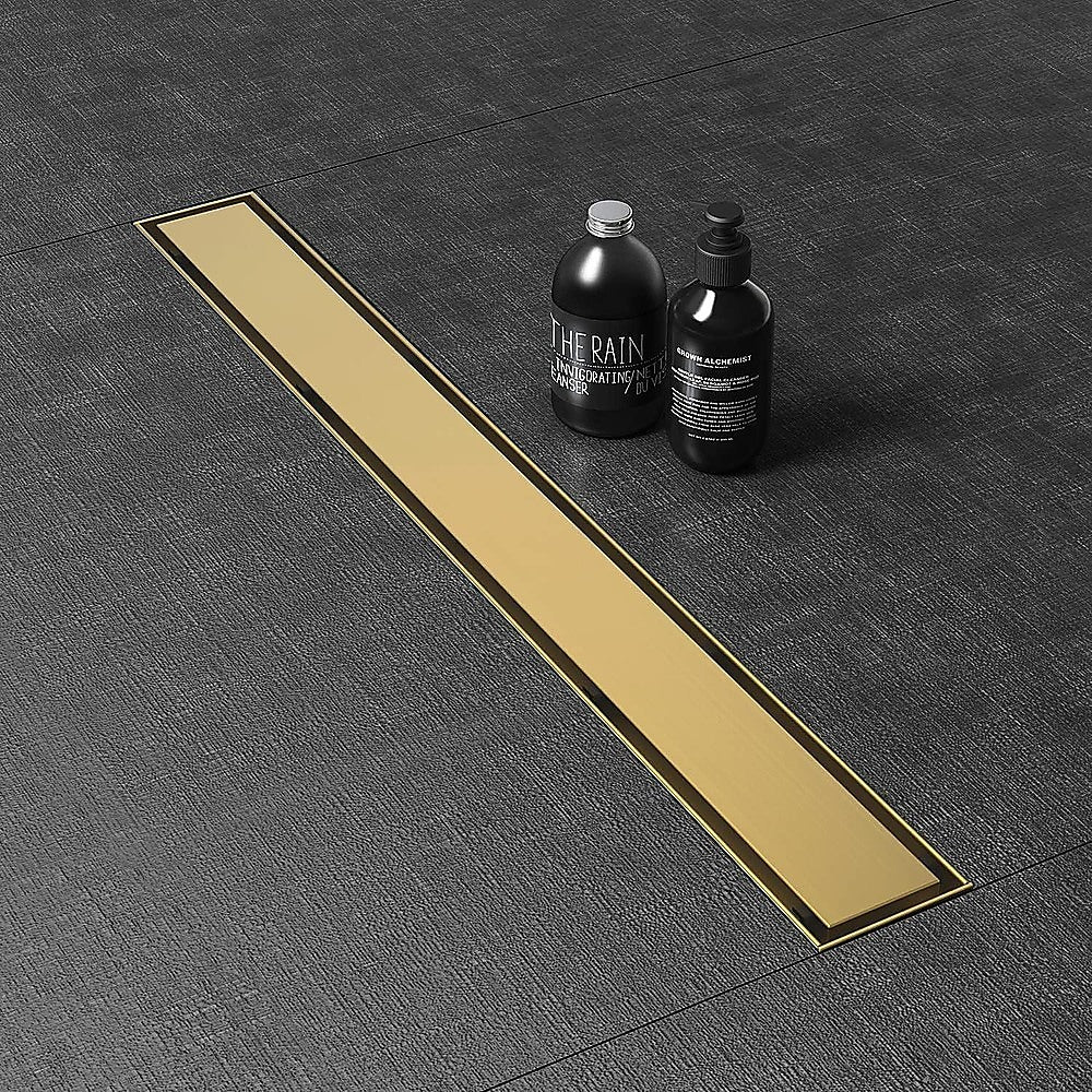 800mm Tile Insert Shower Bathroom Brushed Brass Grate Drain w/ Centre outlet Floor Waste