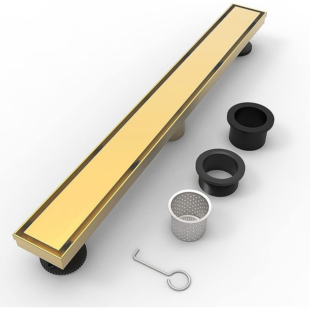 800mm Tile Insert Shower Bathroom Brushed Brass Grate Drain w/ Centre outlet Floor Waste