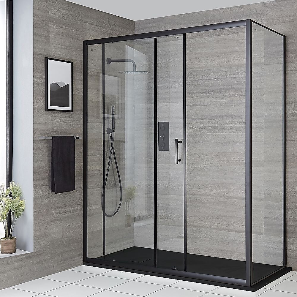 Adjustable 1300x800mm Single Door Corner Sliding Glass Shower Screen in Black