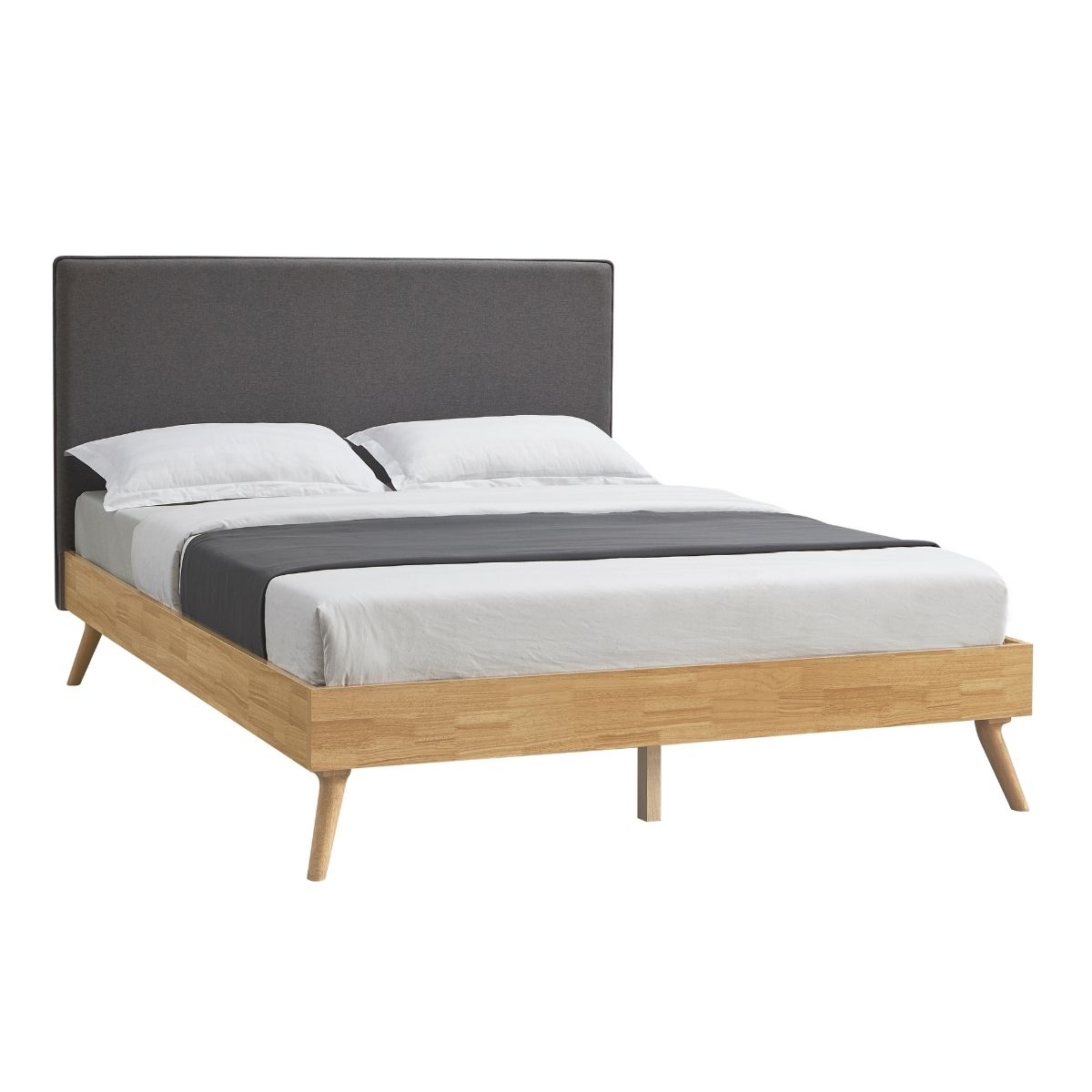 Natural Oak Ensemble Bed Frame Wooden Slat Fabric Headboard Double