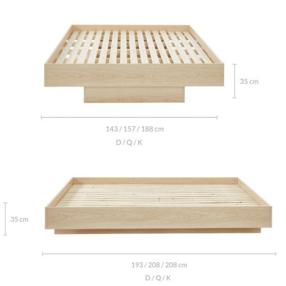 Natural Oak Wood Floating Bed Base Double