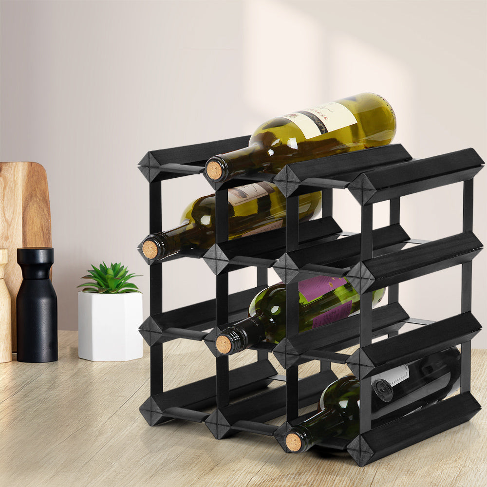 Artiss 12 Bottle Timber Wine Rack Wooden Storage Wall Racks Holders Cellar Black