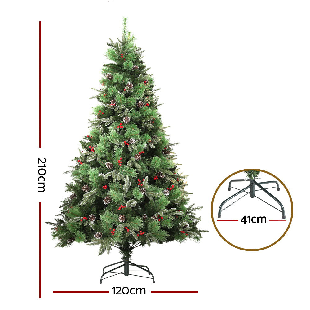 Jingle Jollys 2.1M Christmas Tree with Pine Cones Red Berries Prelit LED Warm Lights