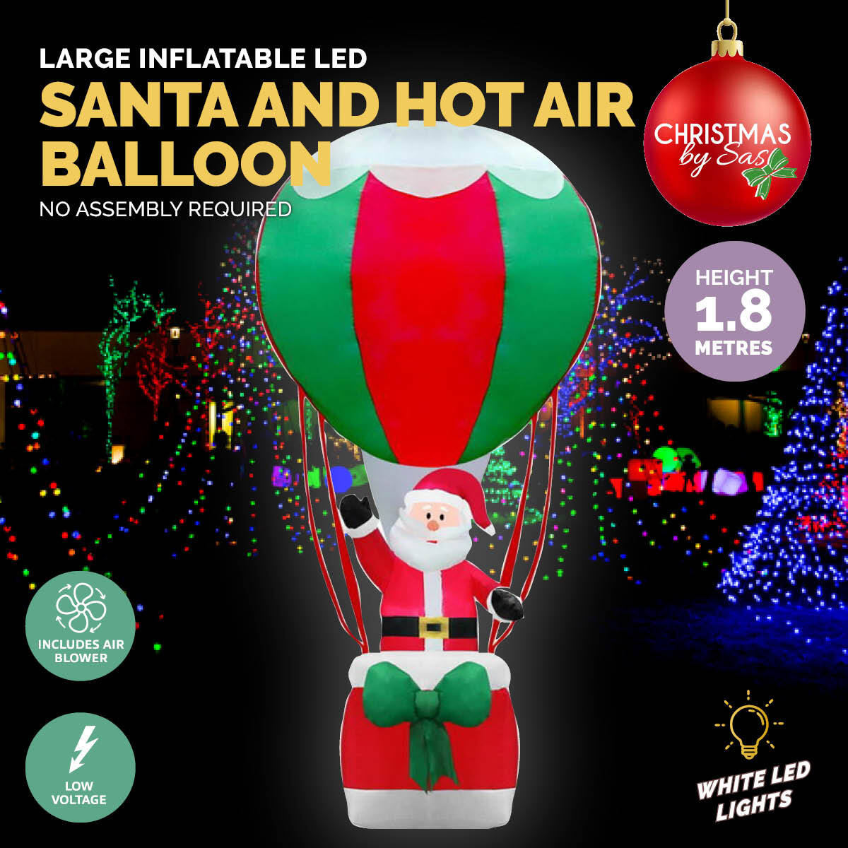 Christmas By Sas 1.8m Santa & Hot Air Balloon Self Inflating LED Lighting