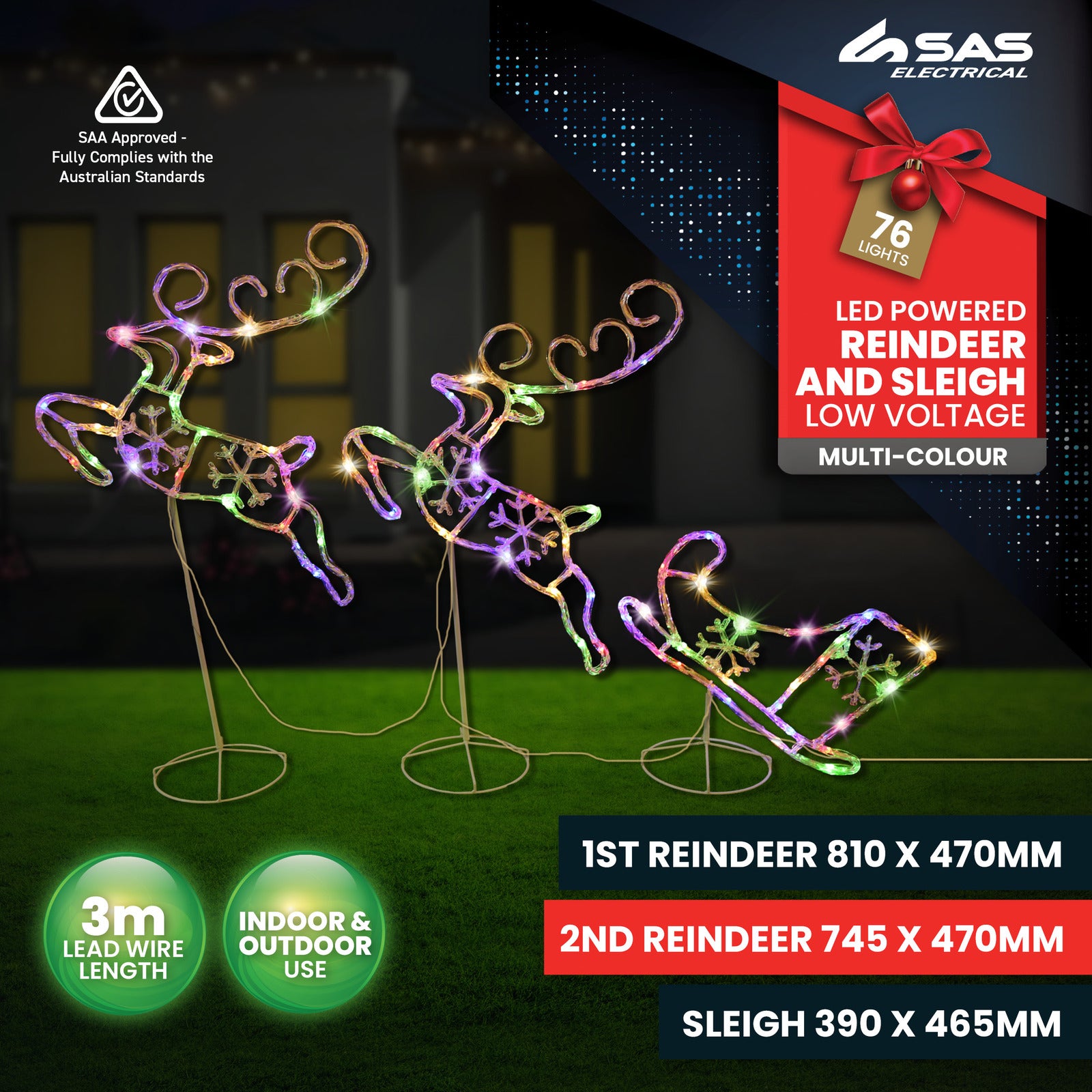 SAS Electrical 3m Reindeer & Sleigh Set Rope Light With Stands Multi-Colour