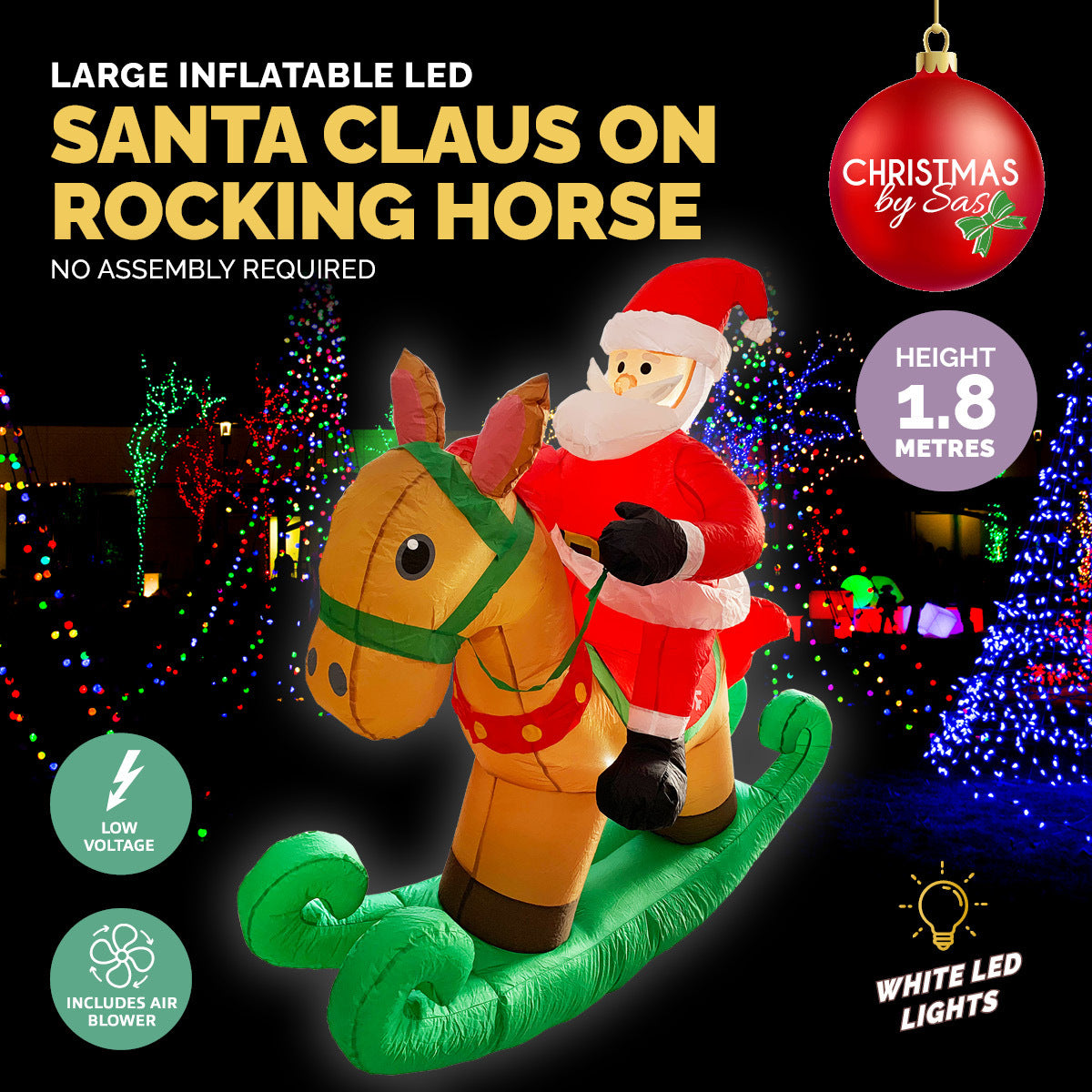 Christmas By Sas 1.8m Self Inflatable LED Santa On Rocking Horse