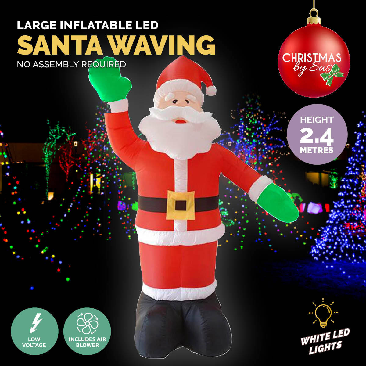 Christmas By Sas 2.4m Waving Santa Self Inflating Bright LED Lighting