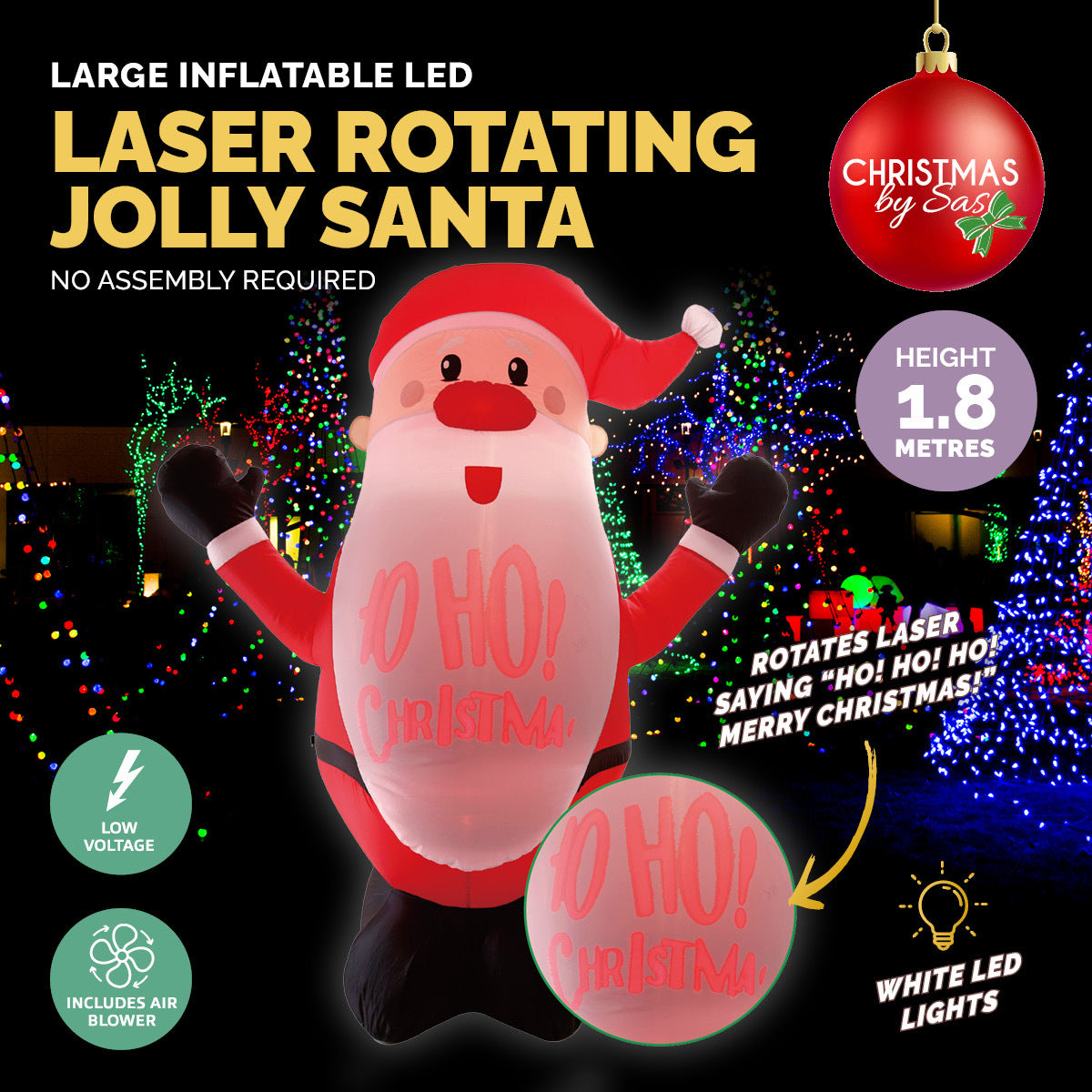 Christmas By Sas 1.8m Self Inflatable LED Jolly Santa Rotating Lights