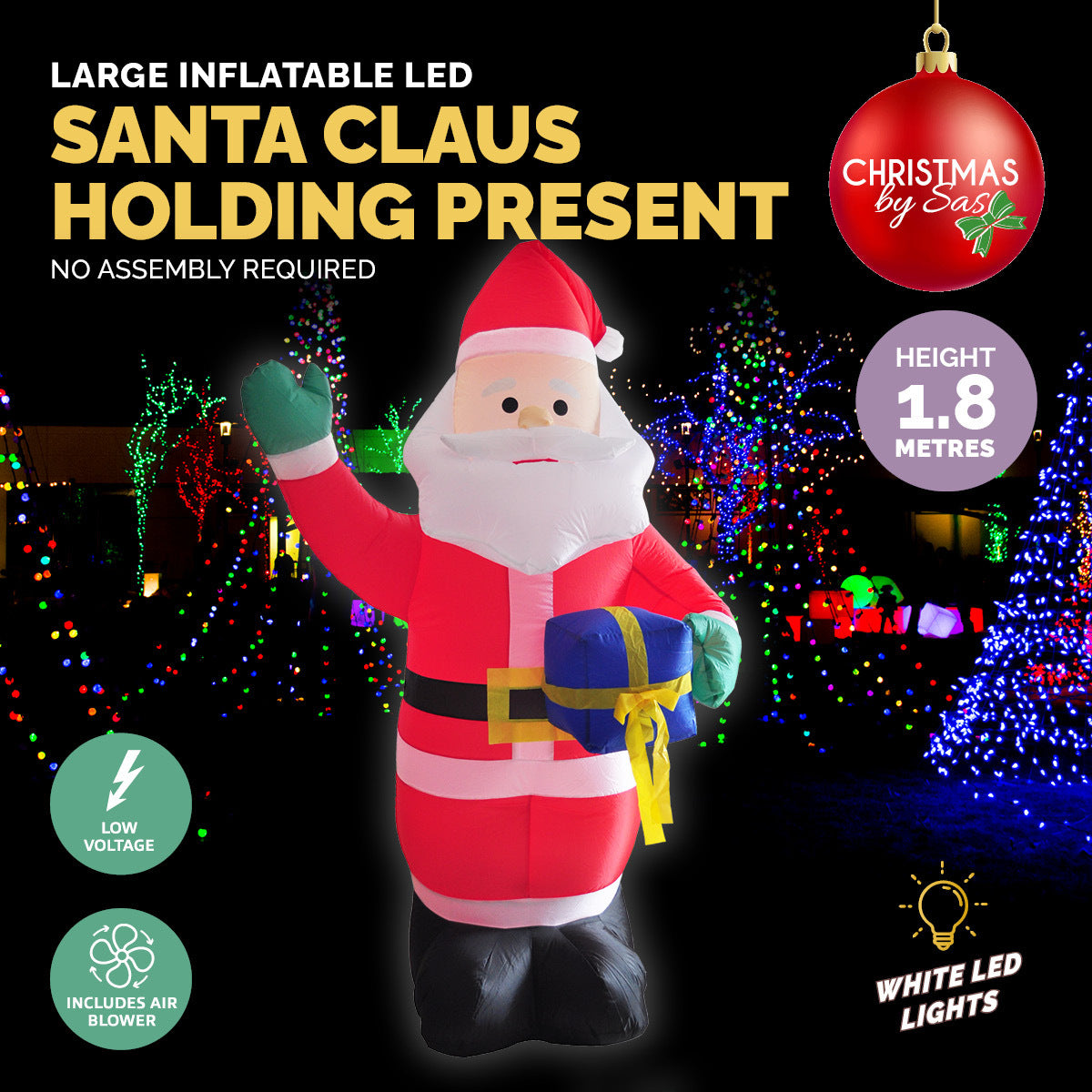 Christmas By Sas 1.8m Self Inflatable LED Waving Santa & Gift Box