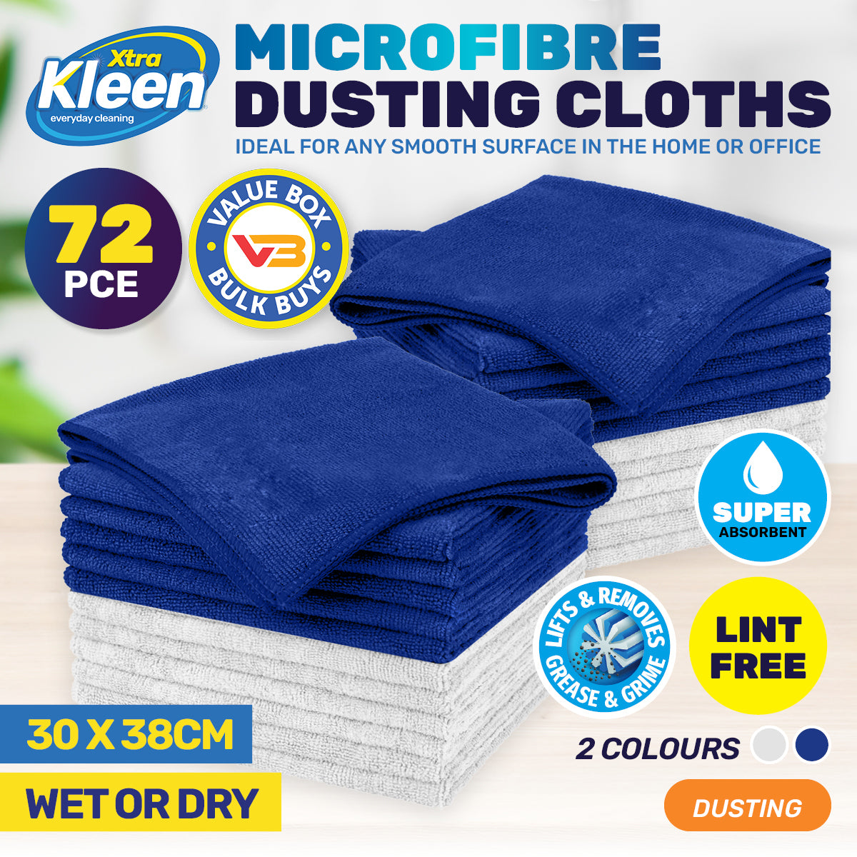 Xtra Kleen 72PCE Microfibre Dusting Cloth Lint Free Super Absorbent 30 x 38cm