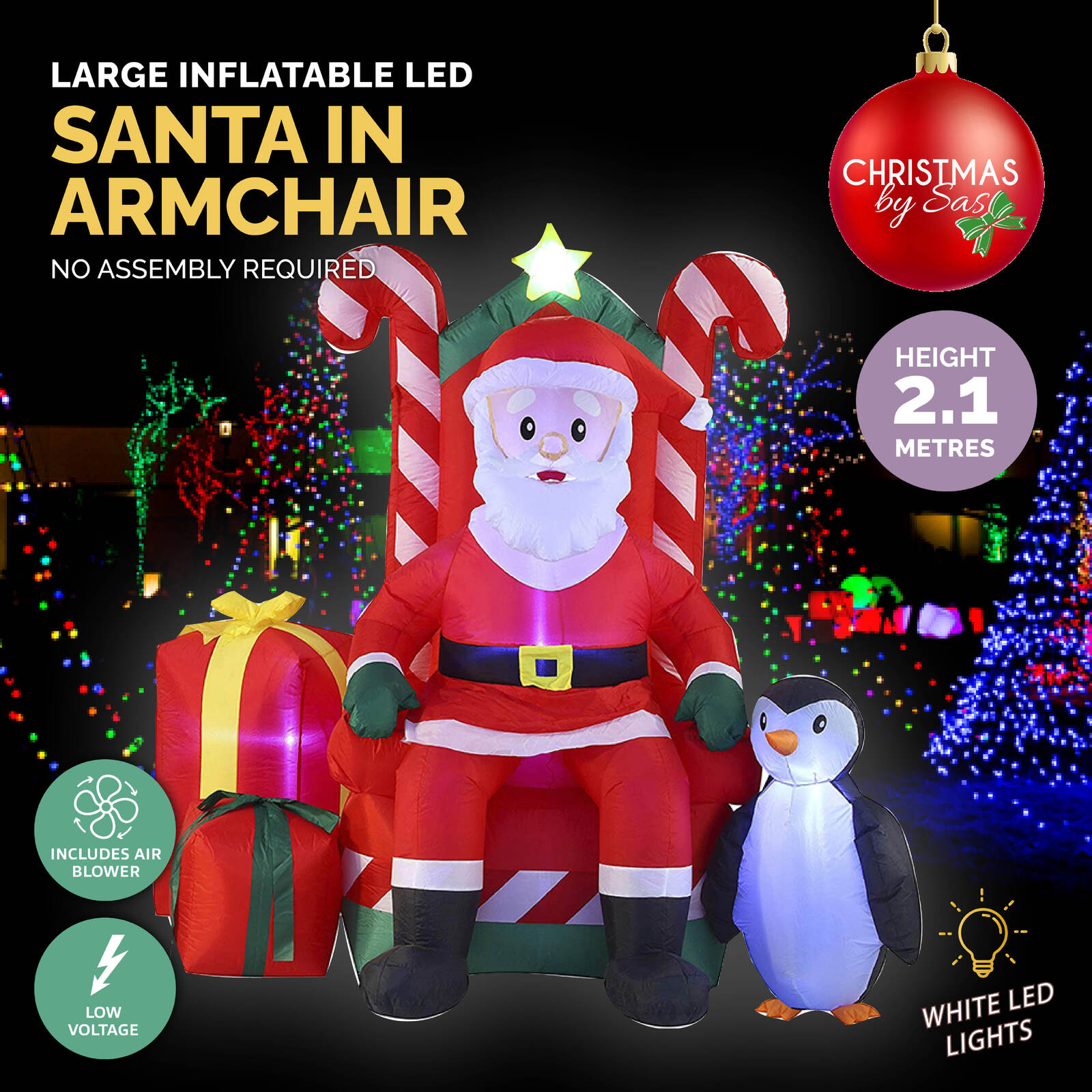 Christmas By Sas 2.1m Santa In His Armchair Self Inflating LED Lighting