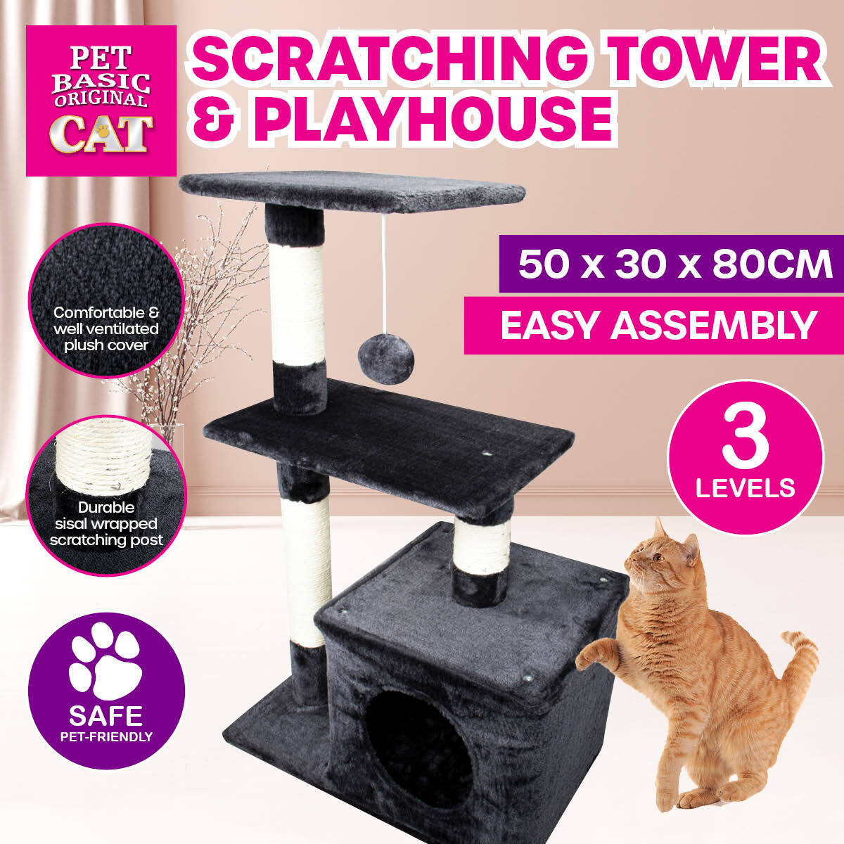 Pet Basic 3 Level Cat Scratching Tower &amp; Playhouse Scratch 80 x 40 x 50cm