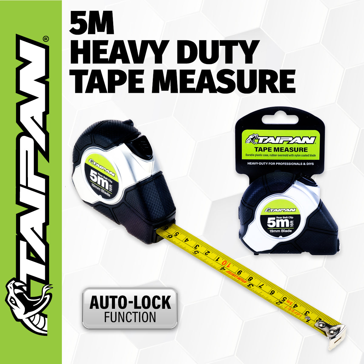 Taipan 5m Tape Measure Auto Lock Function Shock Absorbent Rubber Case