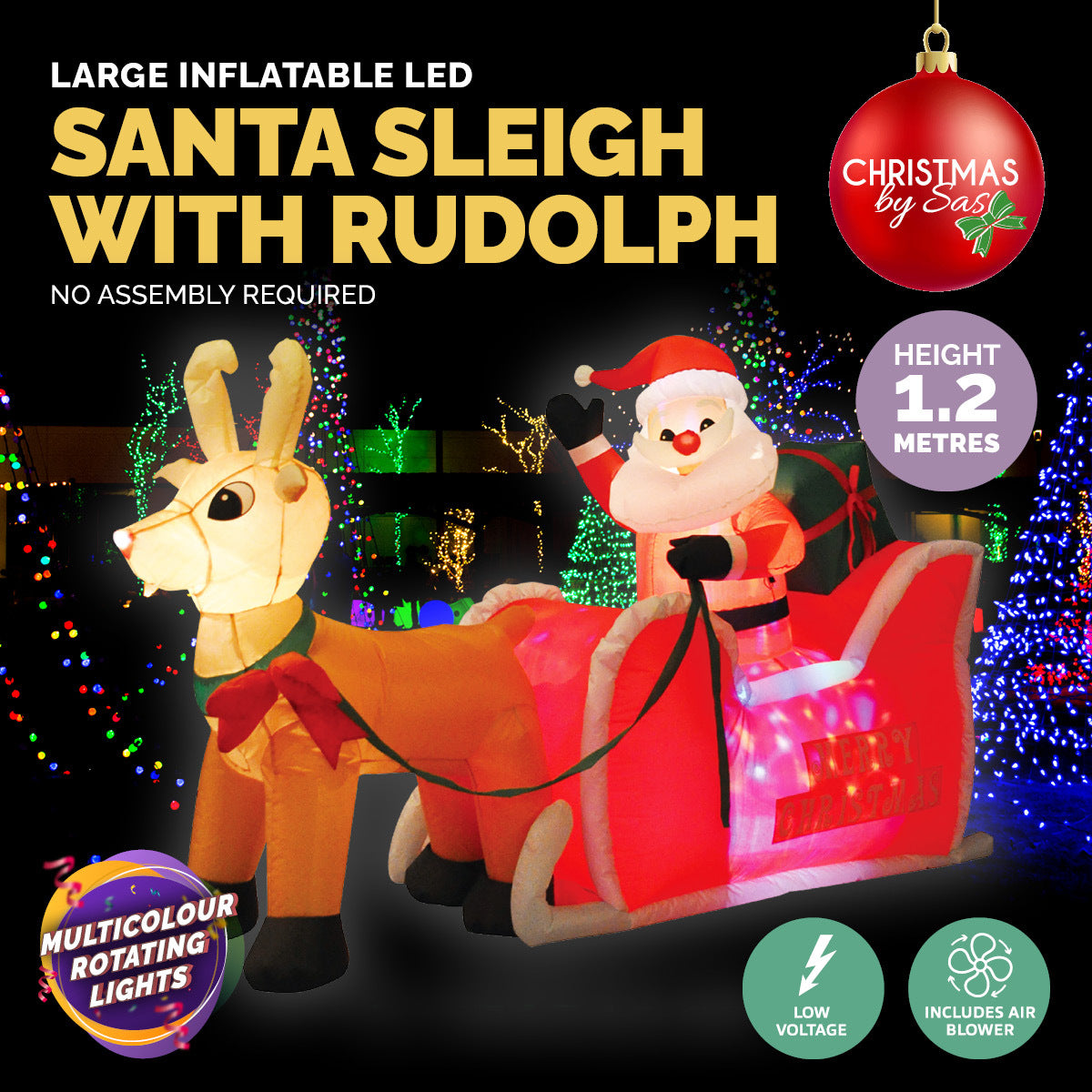 Christmas By Sas 1.2m Self Inflatable LED Santa Sleigh & Rudolph