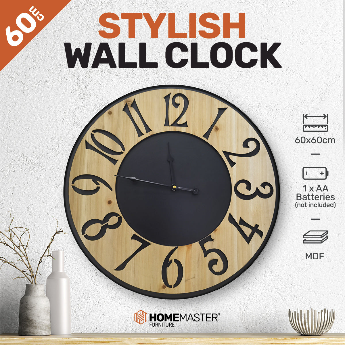 Home Master Wall Clock Wood &amp; Metal Look Stylish Design Large Numbers 60cm