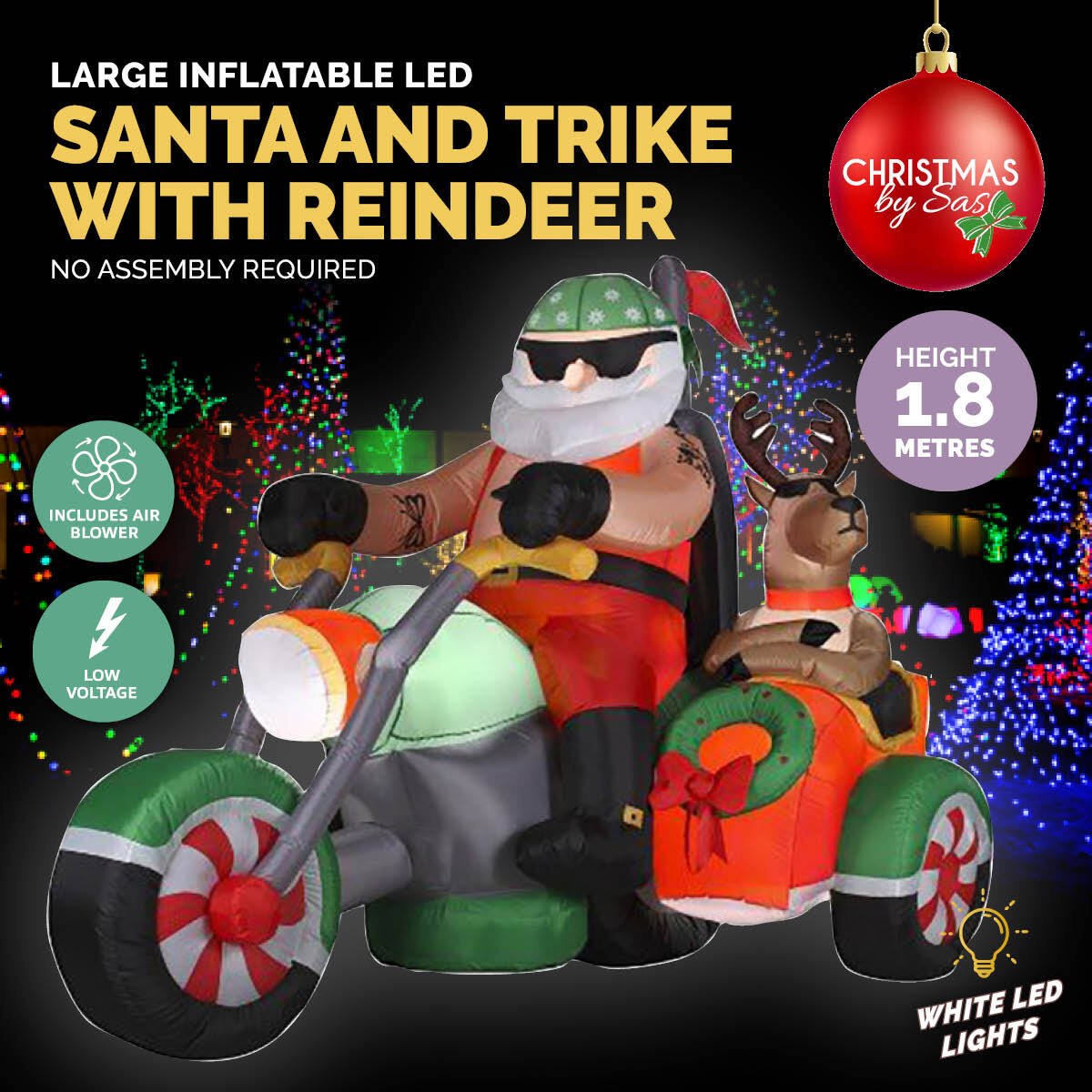 Christmas By Sas 1.8m Santa Reindeer & Trike Built-In Blower LED Lighting