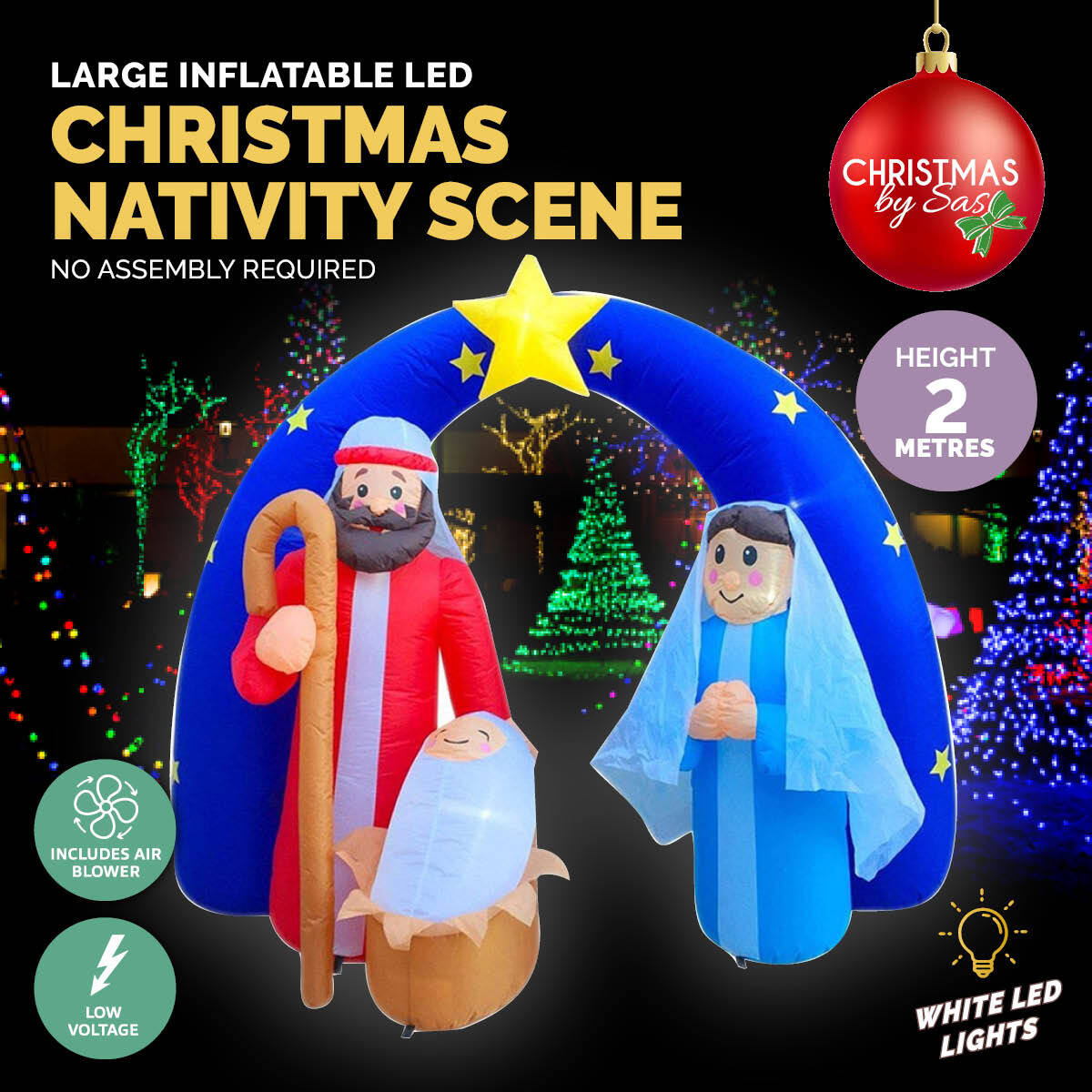 Christmas By Sas 2m Nativity Scene Baby Jesus Self Inflating LED Lighting