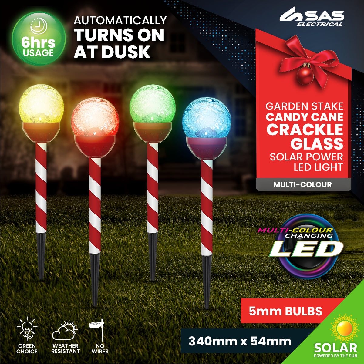 Christmas By Sas 24PCE Solar Candy Cane Stakes With Crackle Balls LED 35cm