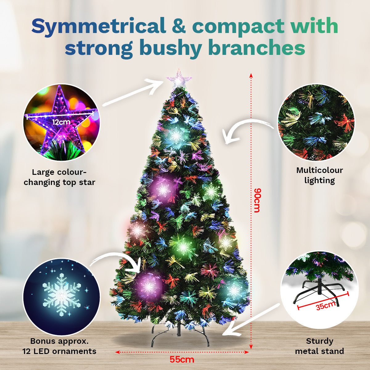 Christmas By Sas 90cm Fibre Optic/LED Christmas Tree 90 Tips Multicolour Star & Ornaments