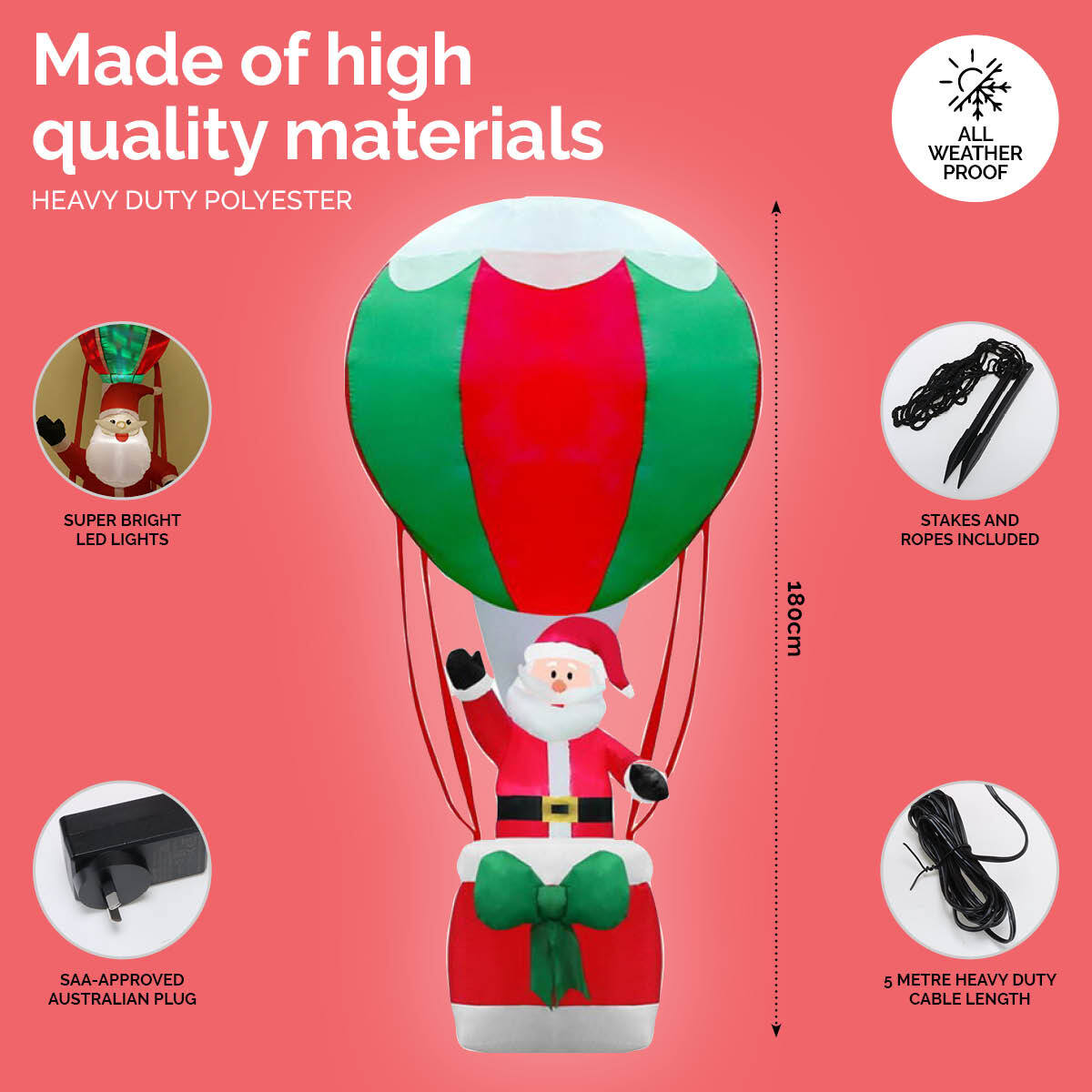 Christmas By Sas 1.8m Santa & Hot Air Balloon Self Inflating LED Lighting