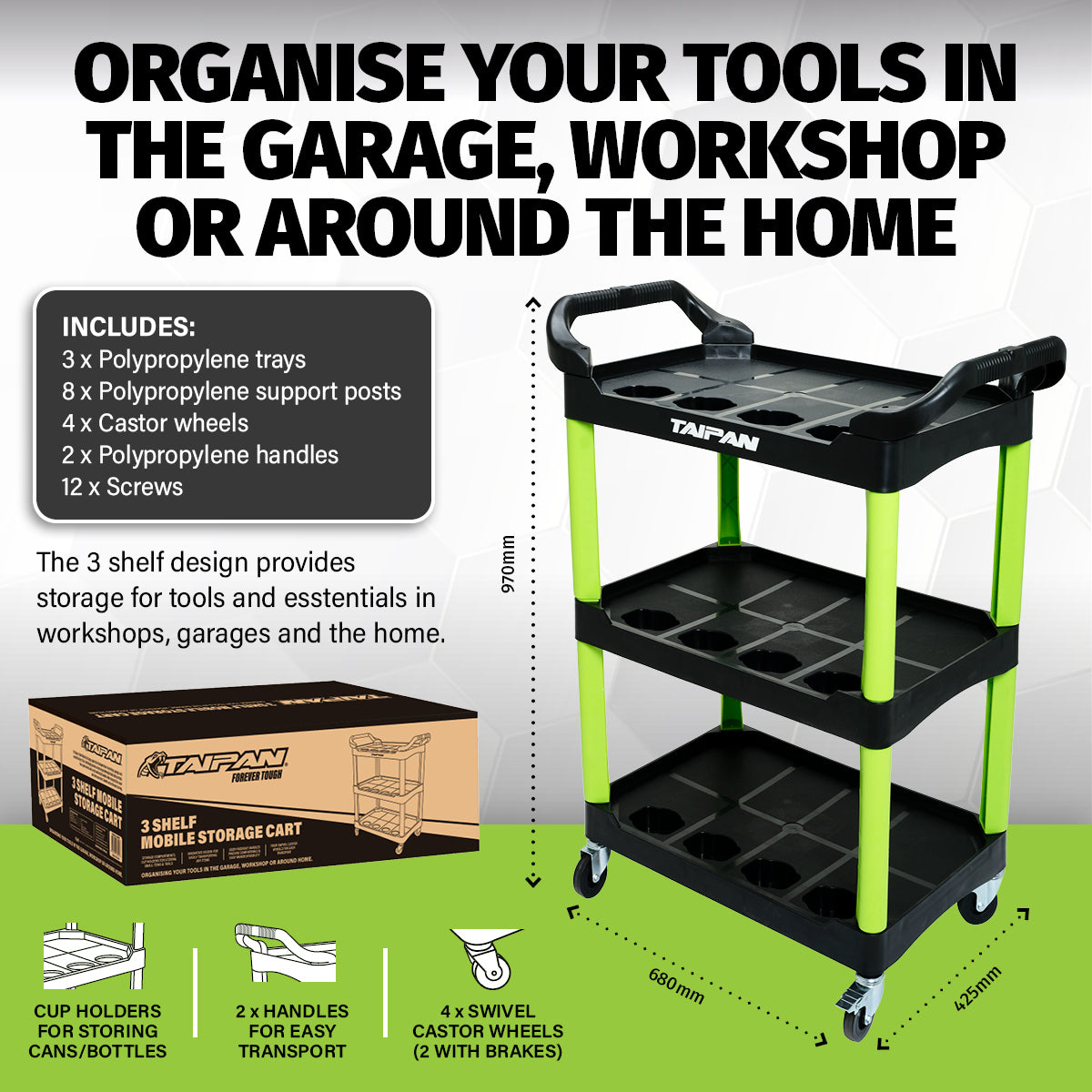 Taipan 3-Tier Work Trolley Handles Swivel Wheels Innovative Design 97 x 68cm