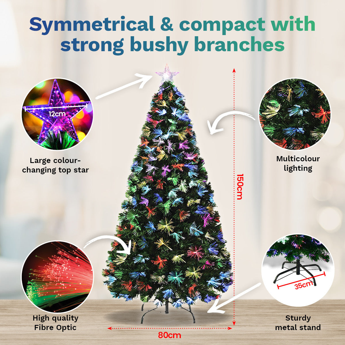 Christmas By Sas 1.5m Fibre Optic Christmas Tree 165 Tips Multicolour Lights & Star