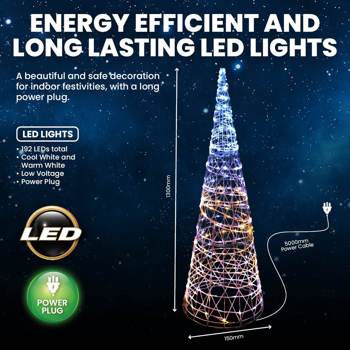 SAS Electrical 1.3m 3D LED Decorative Metal Cone Christmas Tree 192 Lights