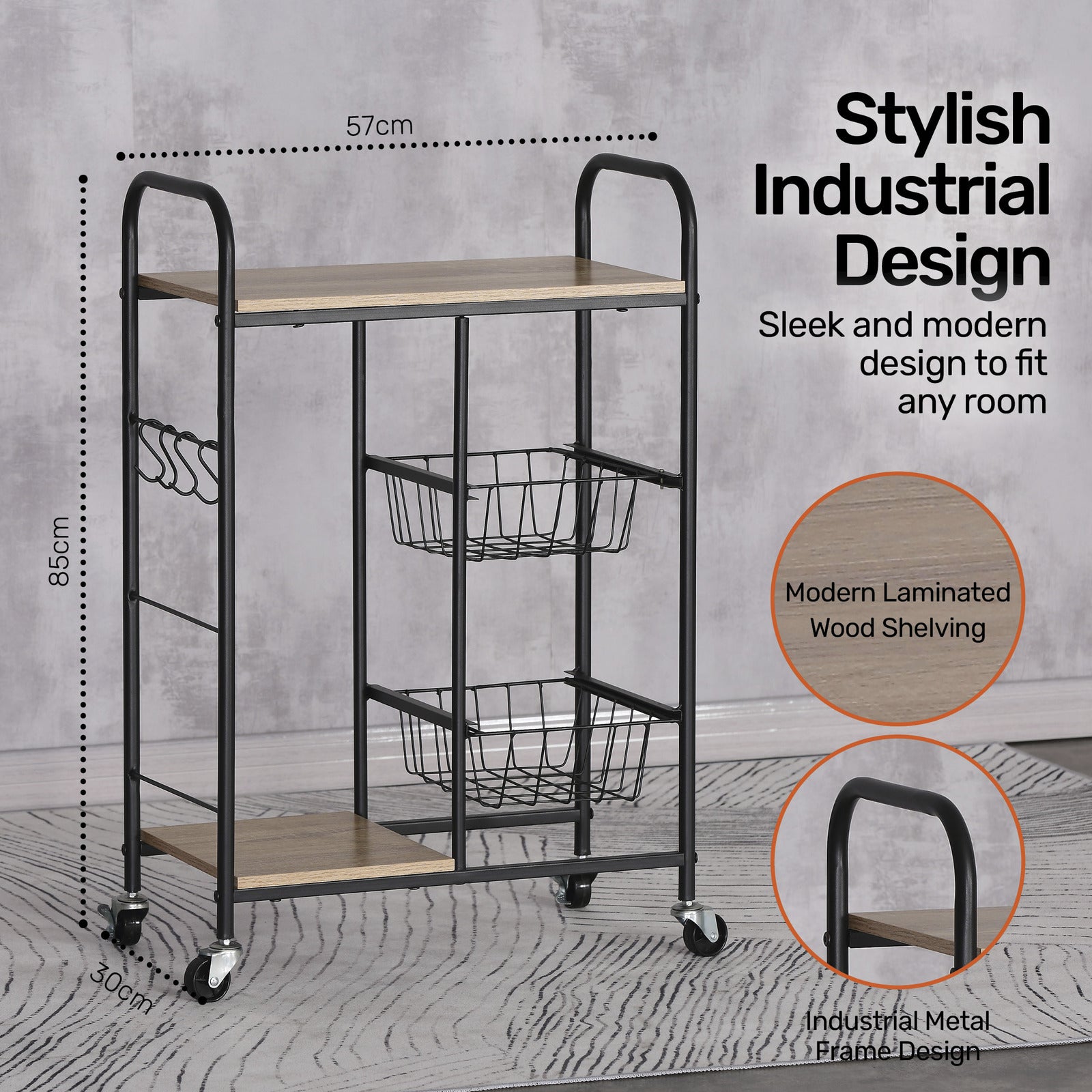 Home Master Kitchen Trolley 2 Tier Stylish Modern Industrial Design 85cm