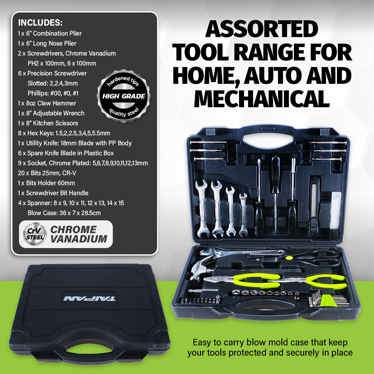 Taipan 63PCE Home Auto Premium Quality Tool Set Case Chrome Vanadium Steel