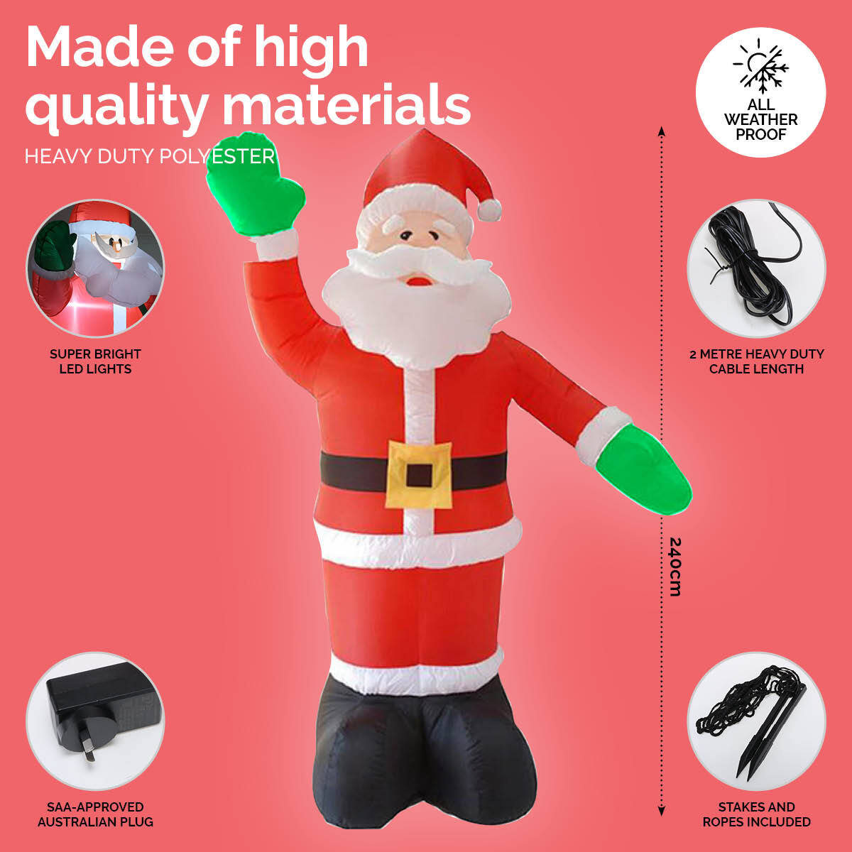 Christmas By Sas 2.4m Waving Santa Self Inflating Bright LED Lighting