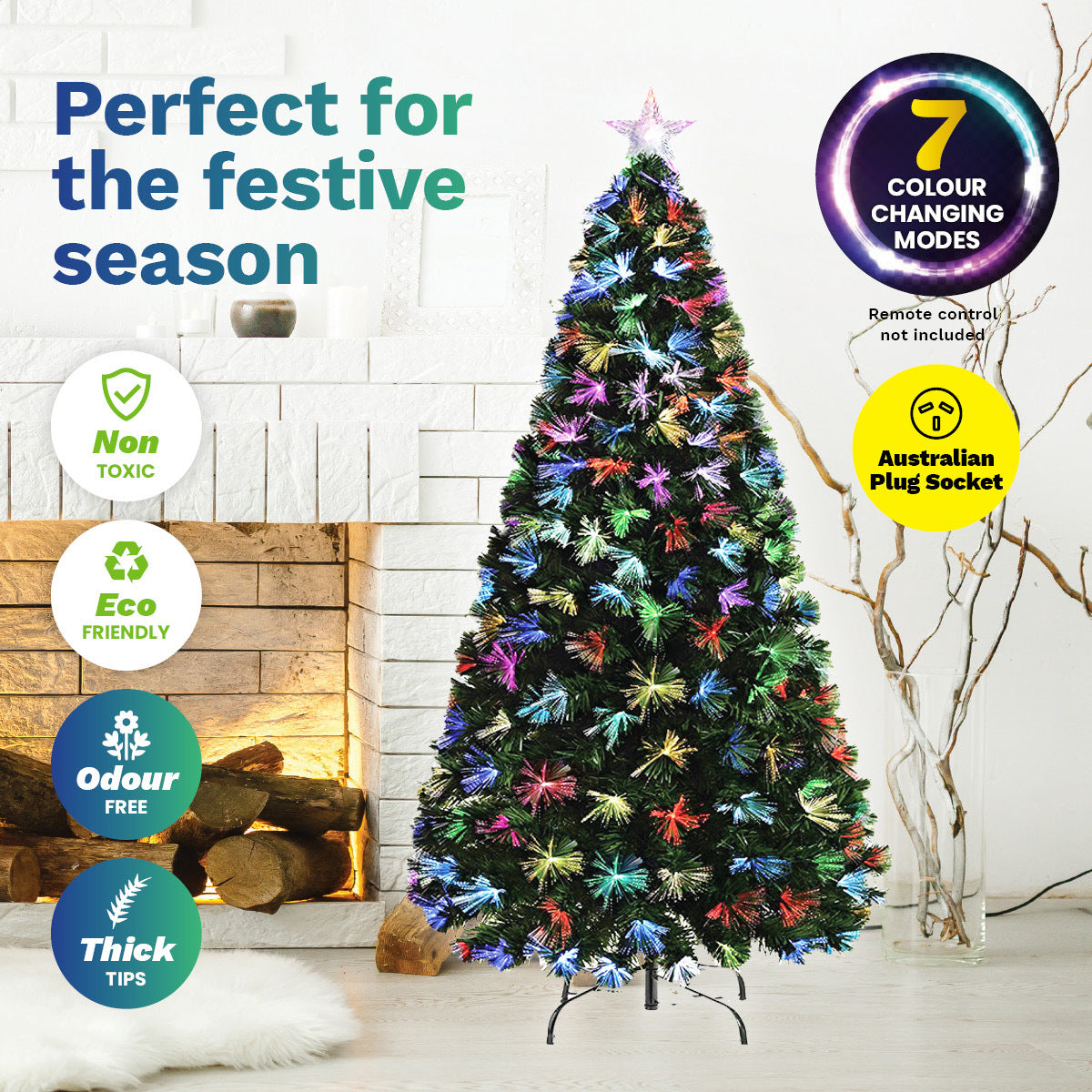 Christmas By Sas 1.8m Fibre Optic Christmas Tree 205 Tips Multicolour Lights & Star