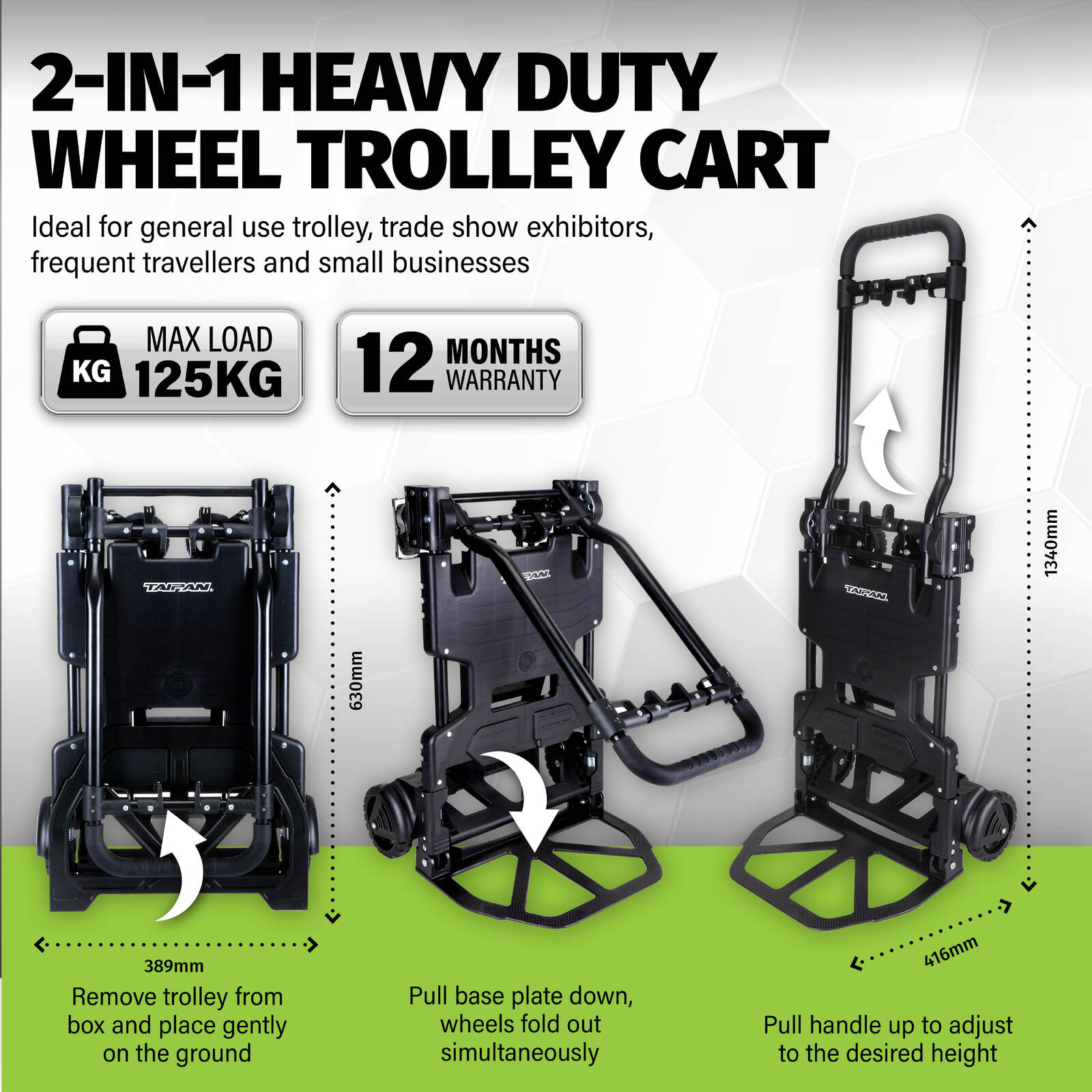 Taipan 65-125KG Foldable Trolley Cart Aluminium 2-In-1 Design Adjustable