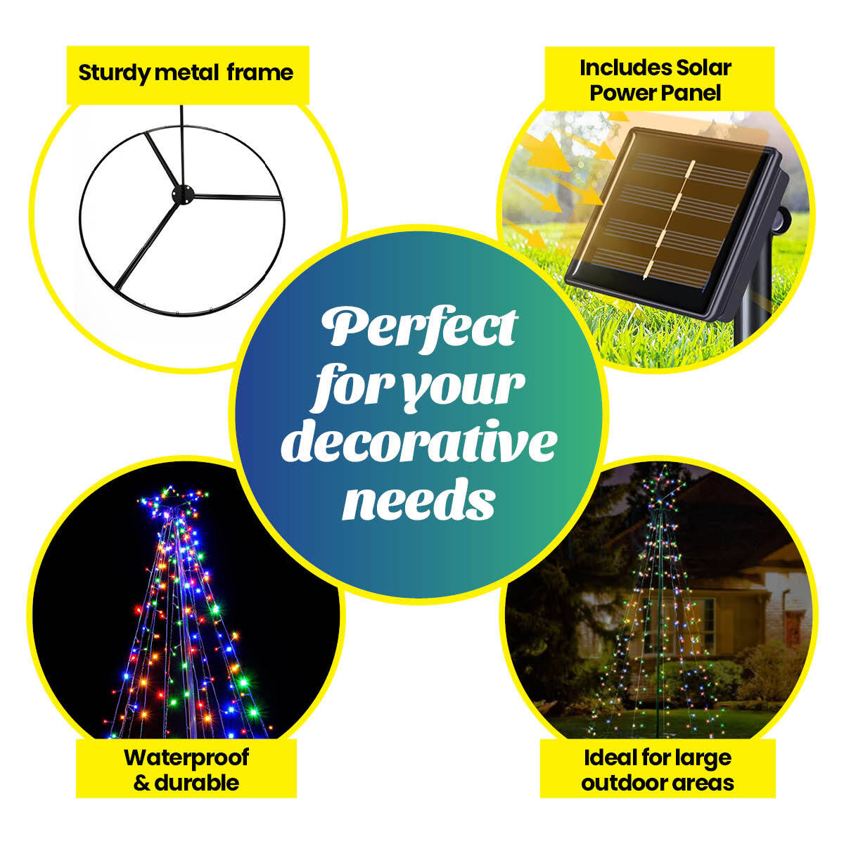 Christmas By Sas 1.5m Solar Powered Tree With Star Metal Frame 150 LED Bulbs