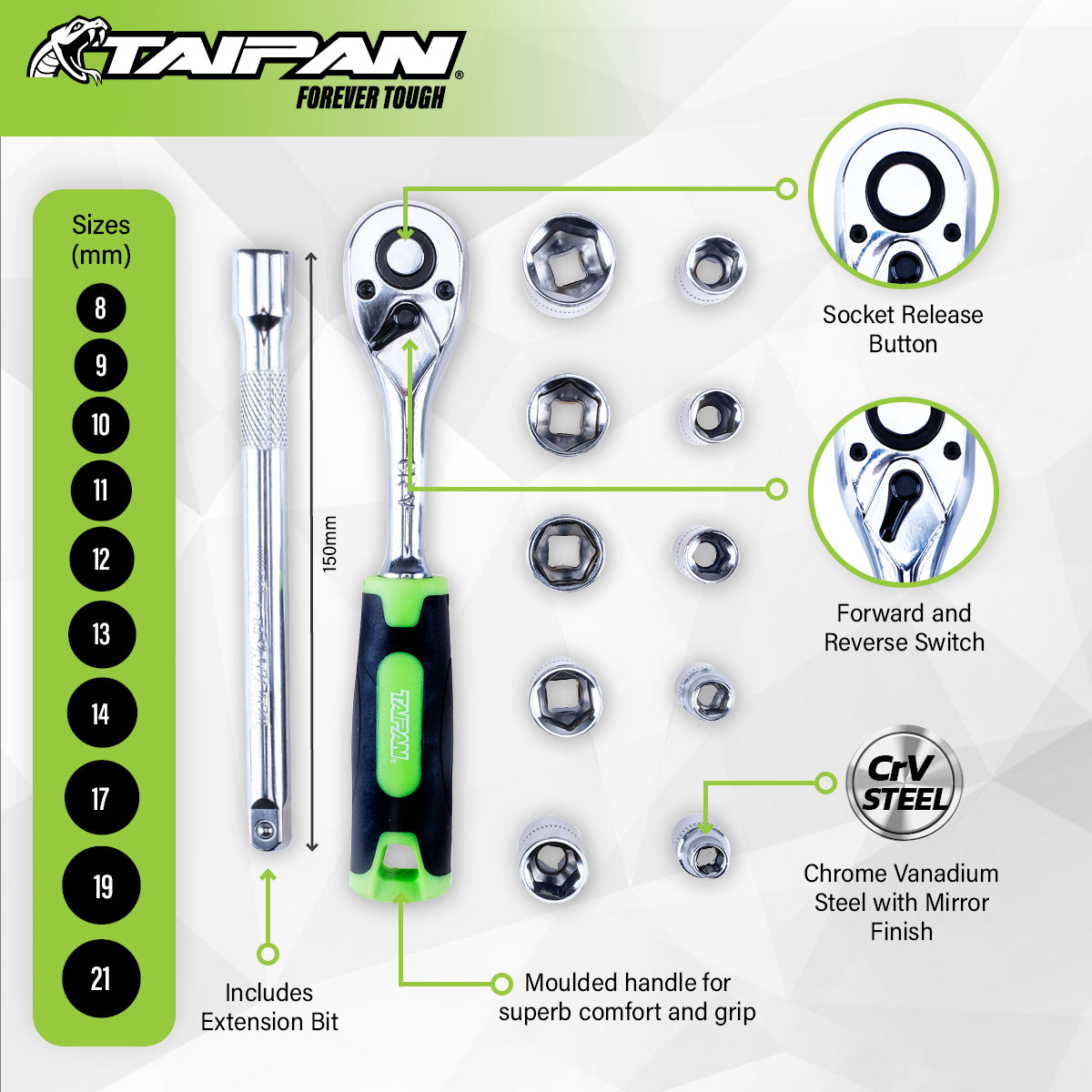 Taipan&reg; 12PCE 3/8" Ratchet Socket Set Premium Quality Chrome Vanadium Steel