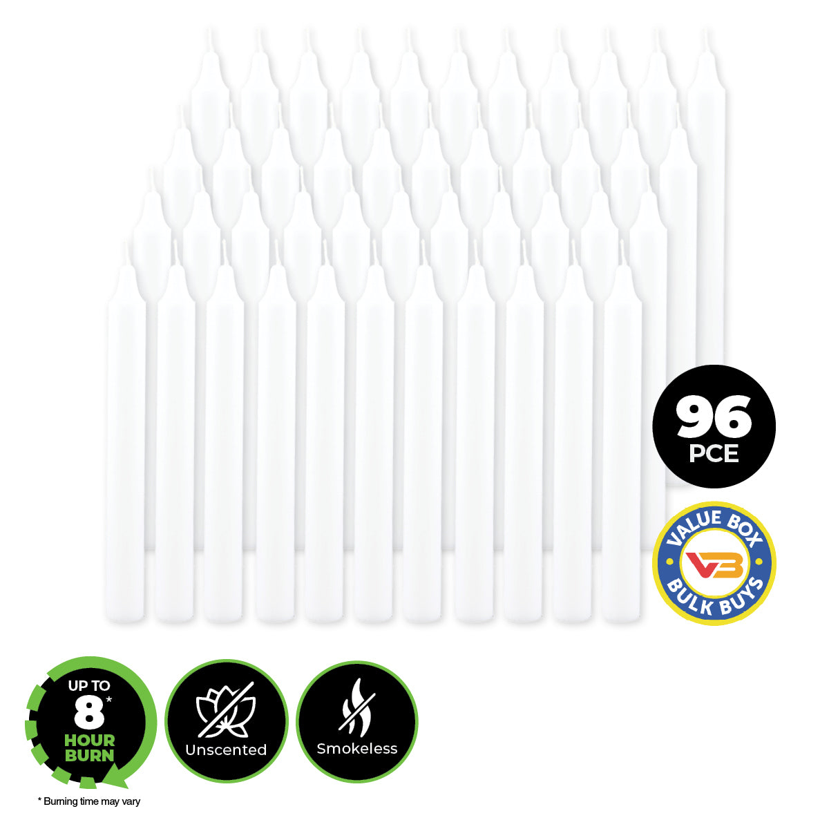 Home Master 96PCE Straight Candles White Home Decor Party Wedding 20cm